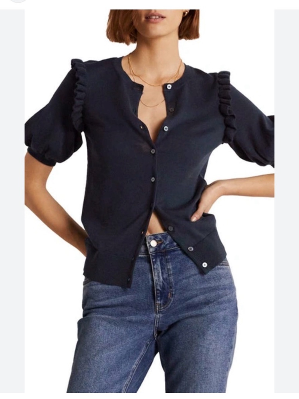 Boden NWT Shoulder Ruffle Short Sleeve Cotton Cardigan-Navy-Size 10